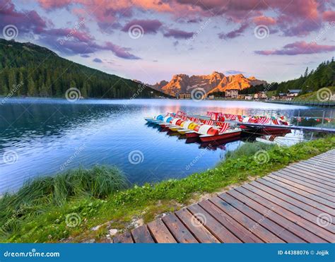 Colorful Summer Sunrise On The Lake Misurina In Italy Alps Tre Cime