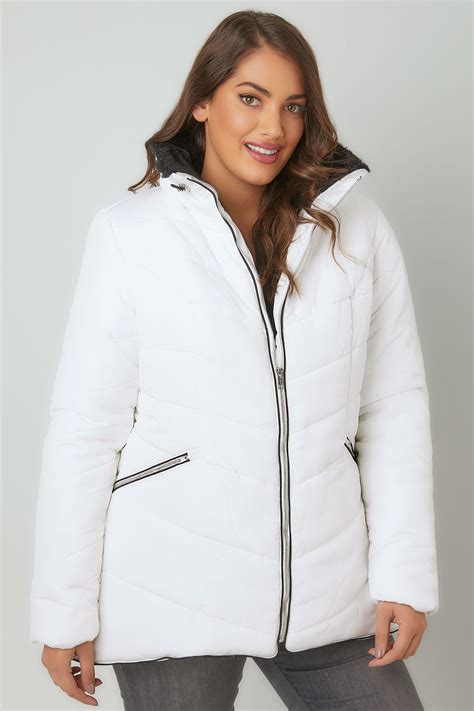 White Short Quilted Puffer Jacket With Foldaway Hood Plus Size 16 To 32