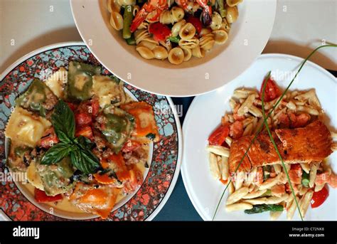 Fine Italian Food Dishes Including Seafood And Pasta Dishes Stock