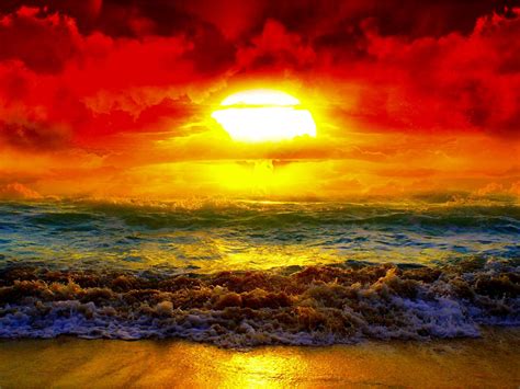 Beautiful Sunset Horizon Red Clouds Sea Waves