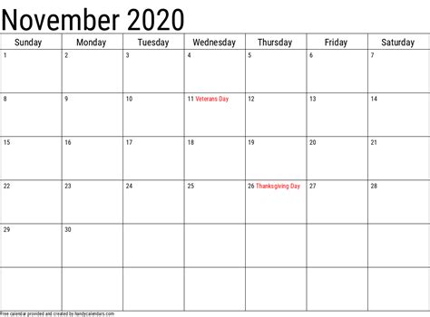 Printable November 2020 Calendar With Holidays Images