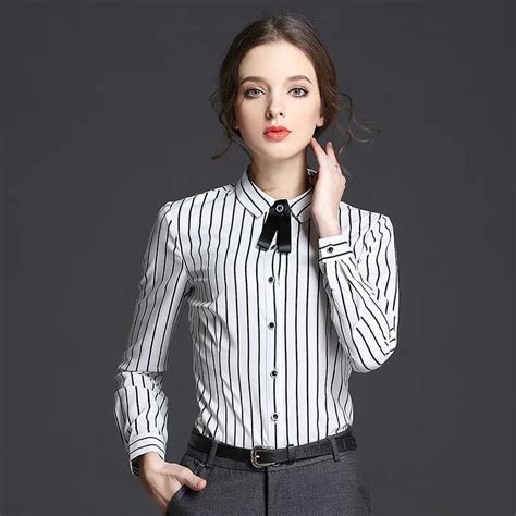 2018 New Office Bow Knot Stripe Shirt Women Summer Lapel Long Sleeve Blouse Slim Plus Size