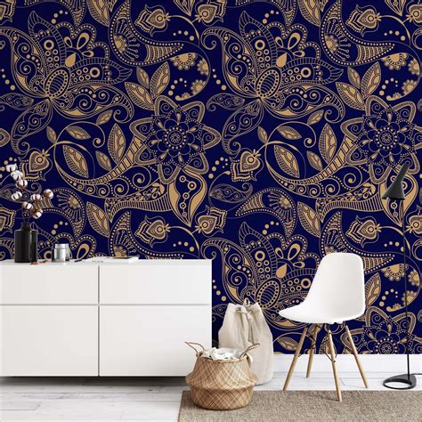 Peel And Stick Wallpaper Natural Wallpaper Gold Floral Etsy