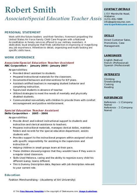 Education quickstart teacher resume template. Special Education Teacher Assistant Resume Samples | QwikResume