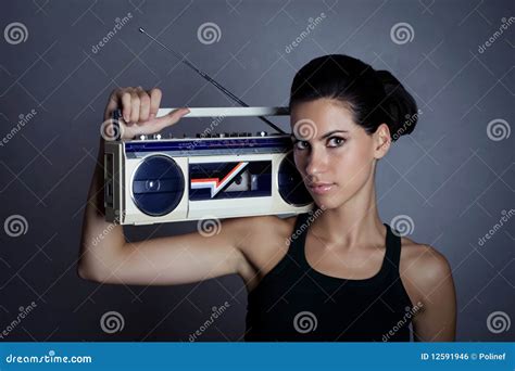 Woman With Retro Boom Box Stock Photo Image Of Equipment 12591946