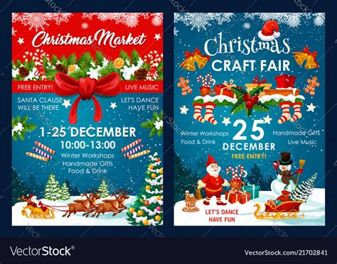 Christmas songs usually focus on more secular christmas themes, such as winter scenes, family gatherings, and santa claus. Christmas fair decoration posters Royalty Free Vector Image