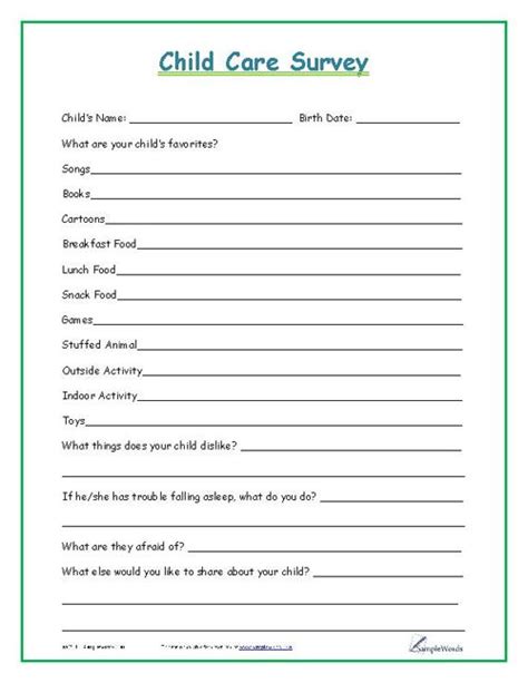 Parenting Forms Worksheets And Templates Center Kids Daycare Home