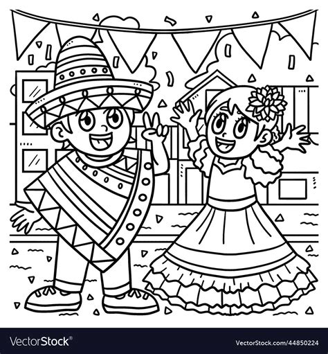 Children Celebrating Cinco De Mayo Coloring Page Vector Image