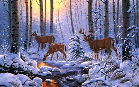 Winter Scene Art Forest Painting Deers Azvf