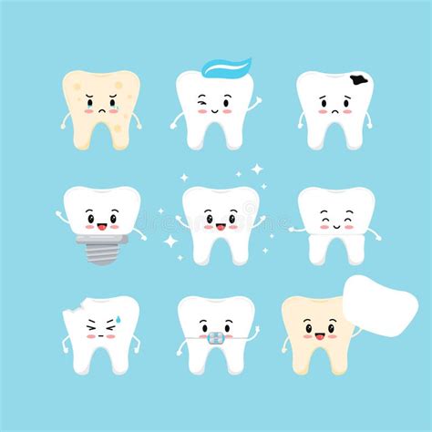 Cute Teeth Emoji Dental Icon Vector Set Stock Vector Illustration Of