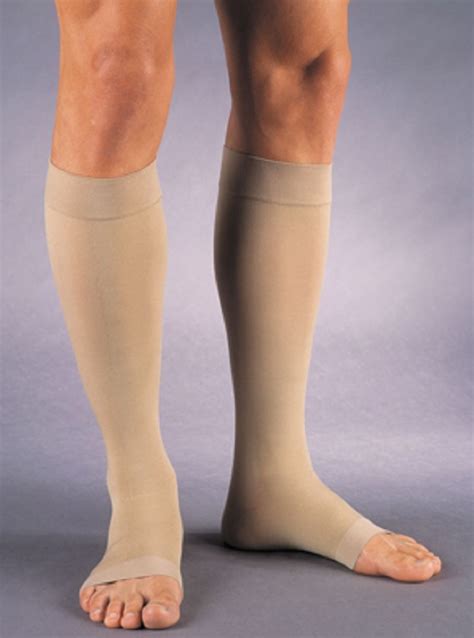 The degree of pressure is classified into several standards. Jobst Relief Open Toe Knee High Moderate Compression Stockings