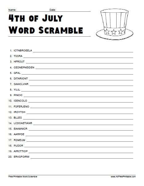 Fourth Of July Word Scramble Free Printable