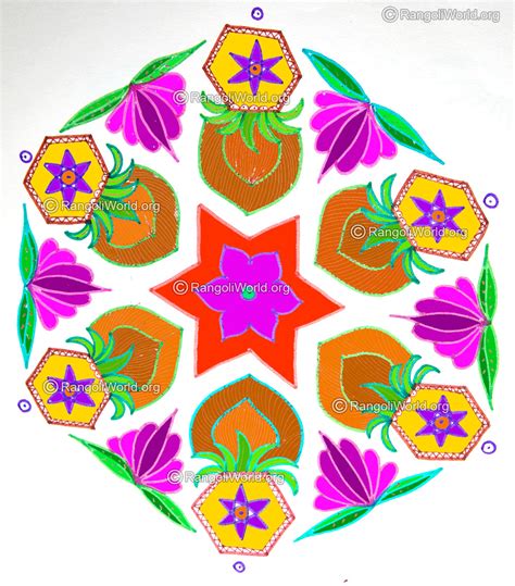 This is a pongal special kolam design drawn with flowers and deepams with 13 dots explained in a simple step by step video. Pongal Kolam designs 2016 collection-1