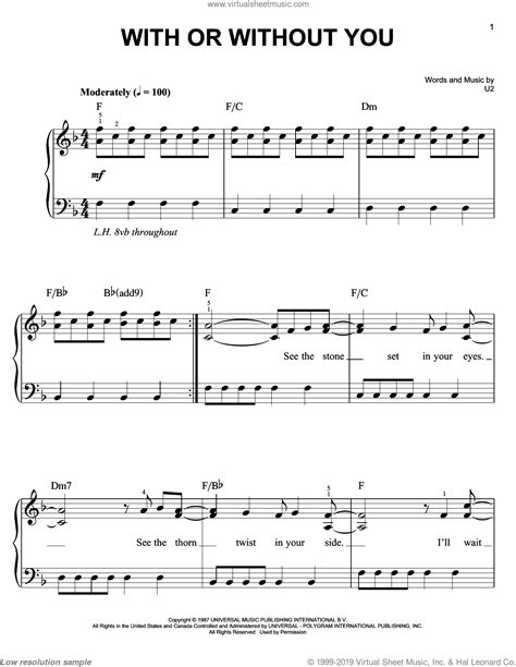 U2 With Or Without You Sheet Music For Piano Solo Pdf