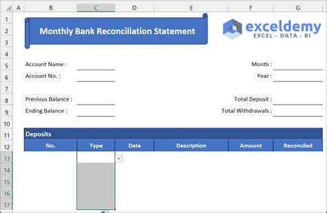 Monthly Bank Reconciliation Statement Format In Excel