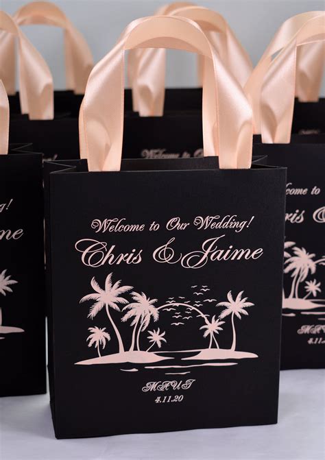25 Tropical Wedding Welcome Bags With Peach Satin Ribbon Handles