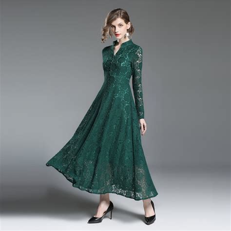 Autumn V Neck Long Sleeved Green Lace Dress Women Long Designer Dresses