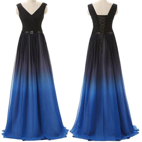 Black Navy Blue Ombre Prom Dresses With V Neck Long Evening Dressoff