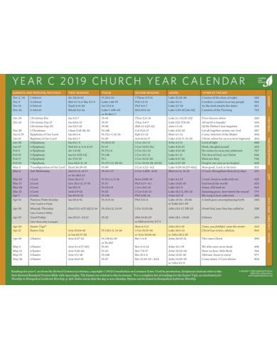 Church Calendar Examples