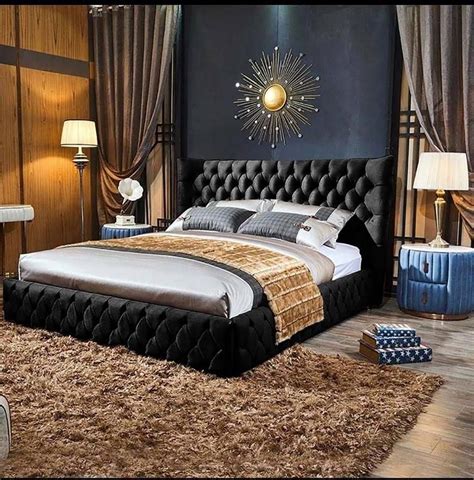 Luxury Low Wing Bed Frame Plush Velvet Chesterfield Bed Fabric Etsy