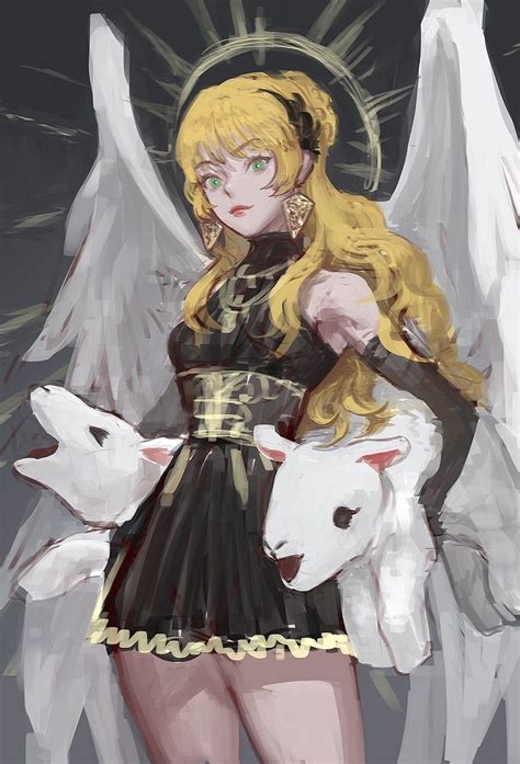 A Woman With Blonde Hair And Angel Wings Holding A White Dog In Her Arms