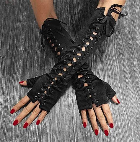 New Womens Long Sexy Steampunk Gothic Biker Lace Up Corset Arm Fingerless Gloves