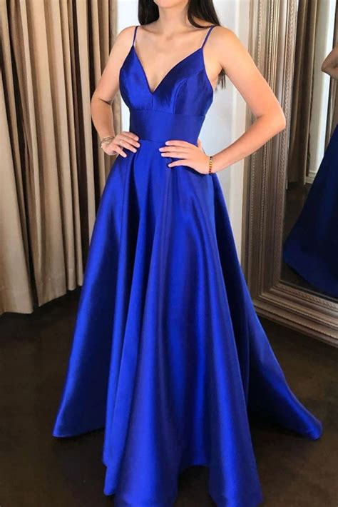 Women Royal Blue Prom Dresses V Neck Satin Applique Formal Evening A