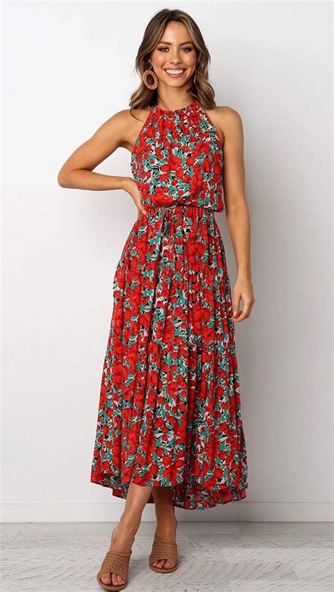 red rose print halter midi dress sleeveless floral dress floral dress summer summer dresses