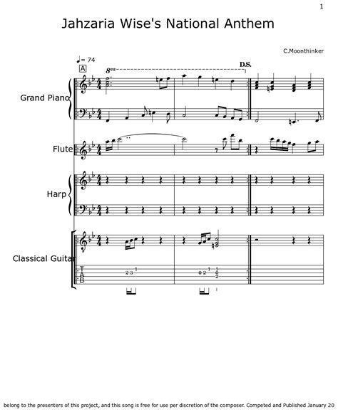 Jahzaria Wises National Anthem Sheet Music For Piano Flute Harp