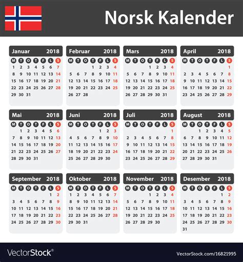 Norwegian Calendar For 2018 Scheduler Agenda Or Vector Image