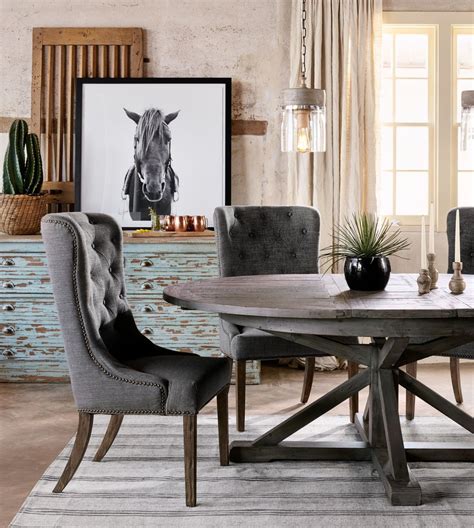 Gray bench with gray cushions placed in the recessed wall perfectly. Cintra Reclaimed Wood Extending Round Dining Table 63" | Rustic dining room table, Modern ...