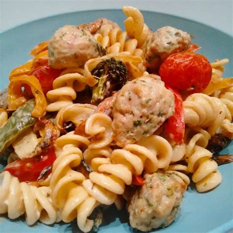 Cook pasta in a large pot of boiling water. Roasted vegetable and mini chicken meatball pasta ...