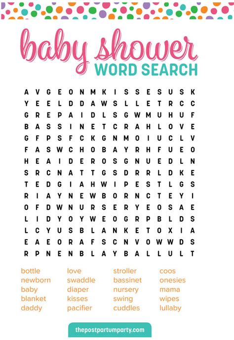 What word can be made from these letters ? Free Printable Baby Shower Word Search - The Postpartum Party