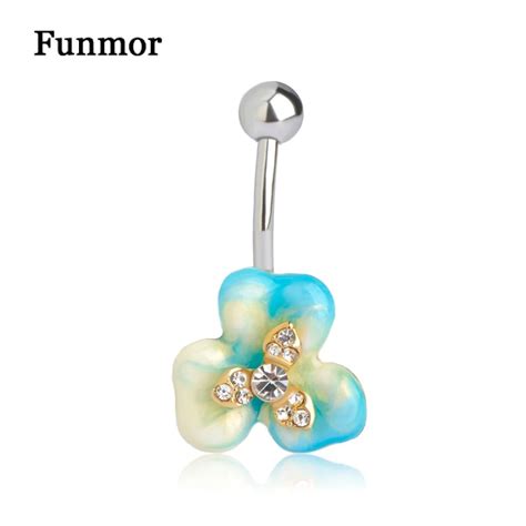 Funmor Enamel Blue Flower Belly Button Ring Stainless Steel Helix