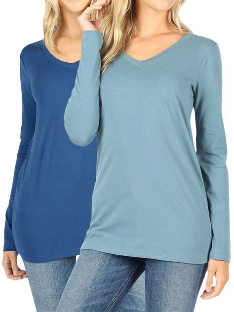 Women Basic Cotton Relaxed Fit V Neck S 3X Long Sleeve T Shirt Top