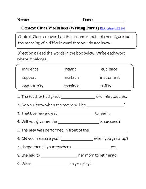 6th Grade Common Core Reading Literature Worksheets Context Clues