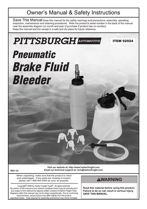 Harbor Freight Tools Pneumatic Brake Fluid Bleeder Product Manual