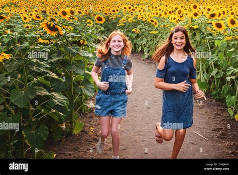 Two Happy Tween Girls Running In A Sunflower Field Stock Photo Alamy