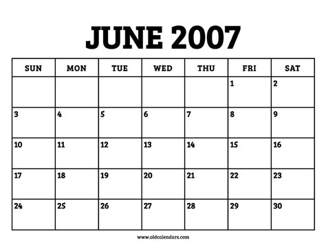 Calendar June 2007 Printable Old Calendars