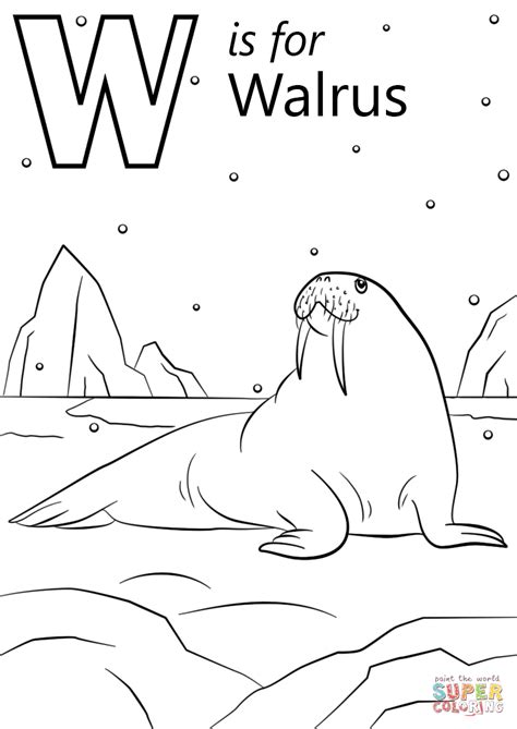 Walrus, seal, polar bear, arctic fox, reindeer, moose, puffin, snowy owl, arctic dog. W is for Walrus coloring page | Free Printable Coloring Pages