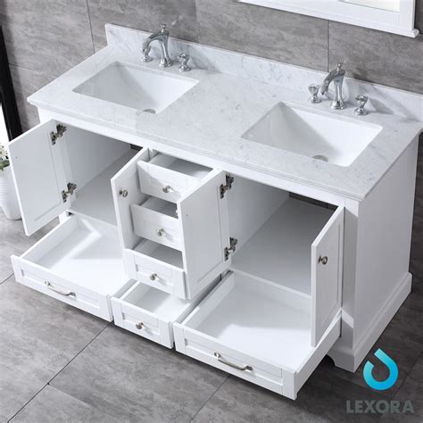 Many vanities are compact enough to fit smaller bathrooms while still offering up two sinks. Dukes 60" White Double Vanity, White Carrara Marble Top ...