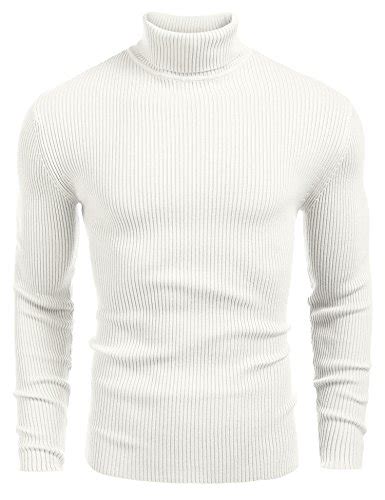 Coofandy Mens Ribbed Slim Fit Knitted Pullover Turtleneck Sweater White