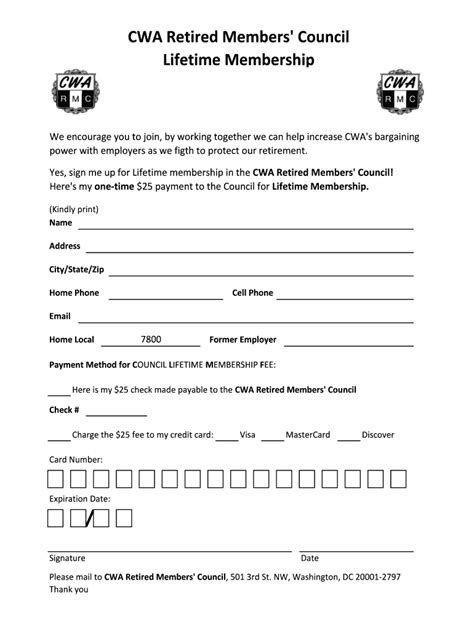Fillable Online Cwa Retired Members Council Lifetime Membership Fax