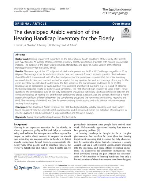 Pdf The Developed Arabic Version Of The Hearing Handicap Inventory