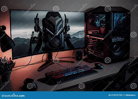 With Dual Monitors And Full Gaming Setup Including Keyboard Mouse