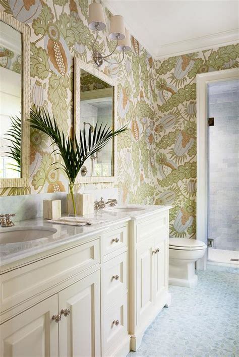 Tropical Bathroom With Carnival Wallpaper And Cream Vanity Cabinets