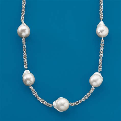 14 16mm Cultured Baroque Pearl Byzantine Station Necklace In Sterling