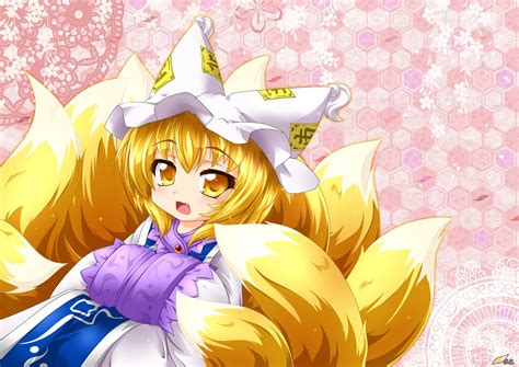 Animal Ears Blonde Hair Fang Foxgirl Hat Kazami Karasu Multiple Tails