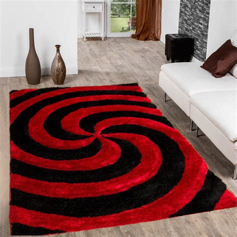Allstar Red Shaggy Area Rug With 3d Black Spiral Design Contemporary