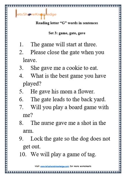 Kindergarten Reading Practice for Letter “G” Words in Sentences